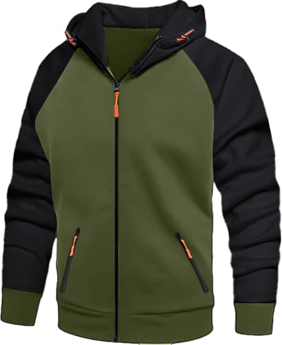 Image of CTU Mens Hoodies Zip Up Fleece Hoodie Patchwork Hooded Jacket Sweatshirt Pullover Hoody With Zip Pockets Green M