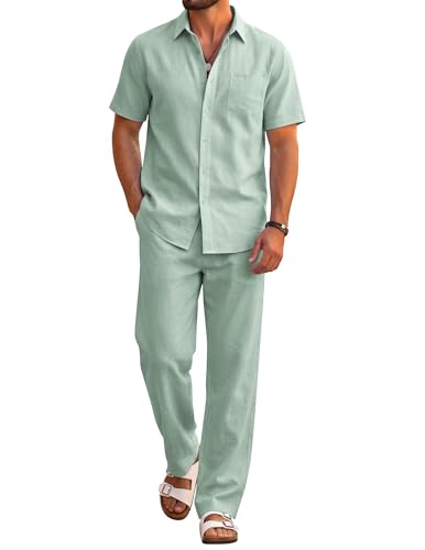 COOFANDY Men Linen Outfits Two Piece Sets Casual Short Sleeve Shirt and Loose Pants Set Cruise Beach Wedding Sets