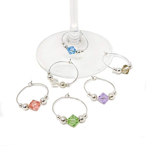Swarovski Crystal Wine Charms / Drink Markers (Pastel Colors) Set of 6 - Wine Glass Charms by Claim Your Glass C.Y.G. - Storage travel pouch Included