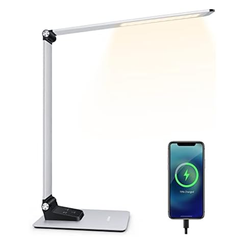 Outon LED Desk Lamp, Dimmable Table Lamp with USB Charging Port, 3 Color Modes, 3 Brightness Levels, Memory Function, Touch Control, Modern Foldable Desk Light for Office, Bedroom, Study, Silver Cover