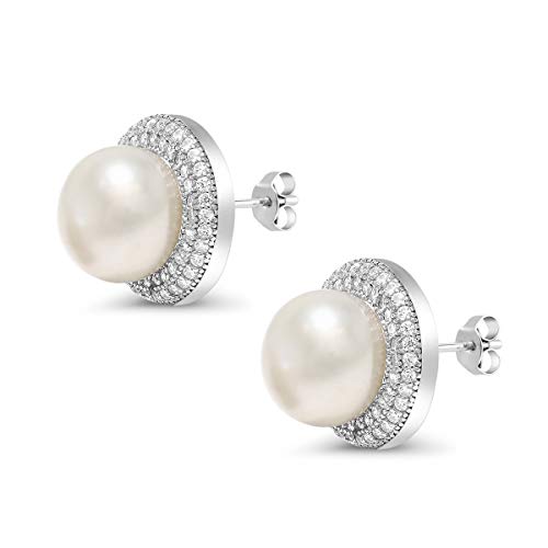 Gem Stone King 925 Sterling Silver 9MM Cultured Freshwater Pearl Button Stud Earrings For Women | Fine Jewelry Gifts for Her Mom Women Wife3