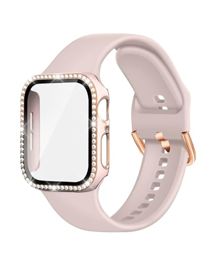 Compatible with Apple Watch Band and Case 38mm 40mm 41mm 42mm 44mm 45mm Women, Soft Silicone Bands and Bling Diamond Case & Glass Screen Protector for iWatch Series 9 8 7 6 5 4 3 2 1 and SE (Pink