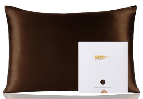 ZIMASILK 100% Pure Mulberry Silk Pillowcase for Hair and Skin Health,Soft and Smooth,Both Sides Premium Grade 6A Silk,600 Thread Count,with Hidden Zipper,1pc (King 20''x36'',Chocolate)
