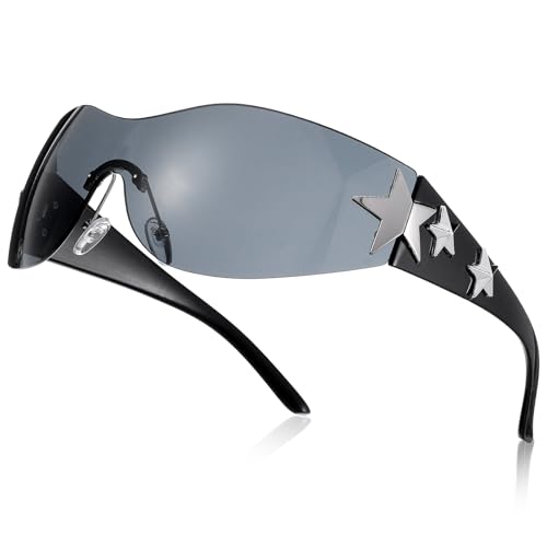 Y2K Sunglasses for Women Men Trendy Shield Wrap Around Sun Glasses Large Rimless Star Sunglasses