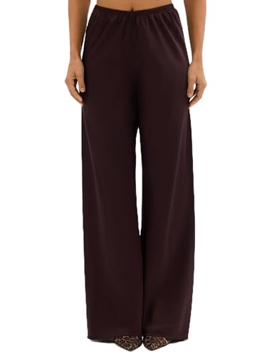 Lshyuehao Women Satin Wide Leg Flowy Pants Silk Casual Dressy Long Dress Pants Elastic Solid Color Satin Pant Waisted Trousers (B-Dark Brown, S)