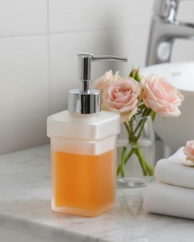 Image of Luxury Frosted Glass Soap Dispenser with Chrome Pump | Square Modern Design | Refillable Hand Lotion & Liquid Soap for Bathroom & Kitchen Countertop (SQ NBottle)