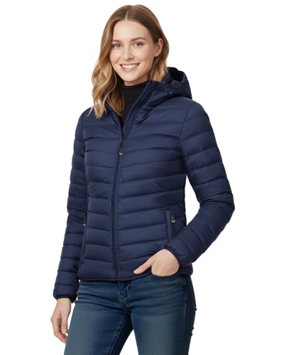 33,000ft Women's Lightweight Puffer Jacket Water Repellent Warm Packable Quilted Coat with Hood Ladies Transitional Padded Lined Jacket for Hiking Climbing Dark Blue L