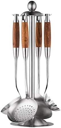 Set d'Ustensiles de Cusine professionnel 6 pièces ustensiles de cuisine en acier inoxydable manche en bois ensembles d'outils de cuisine tourneur soupe riz cuillère pâtes serveur passoire ustensiles d