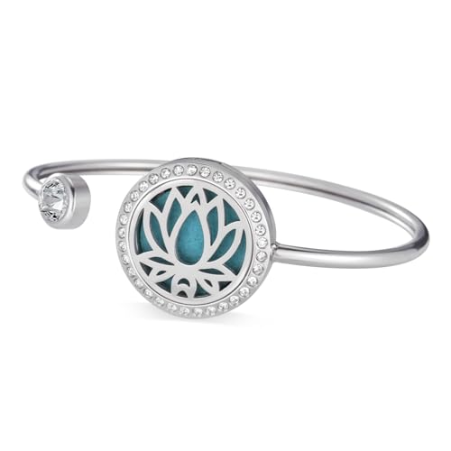 Dreamtimes Aromathérapie Bracelet Diffuseur d'Huiles Essentielles pour Femmes - Arbre de Vie et Fleur de Lotus - Pendentif en Acier Inoxydable