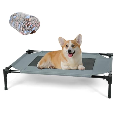 MFOX Cama elevada refrescante para perros con refuerzos, cama elevada para perros pequeños, patas de goma antideslizantes, malla lavable y transpirable, ideal para dormir, color gris (90 x 65 x 18 cm)