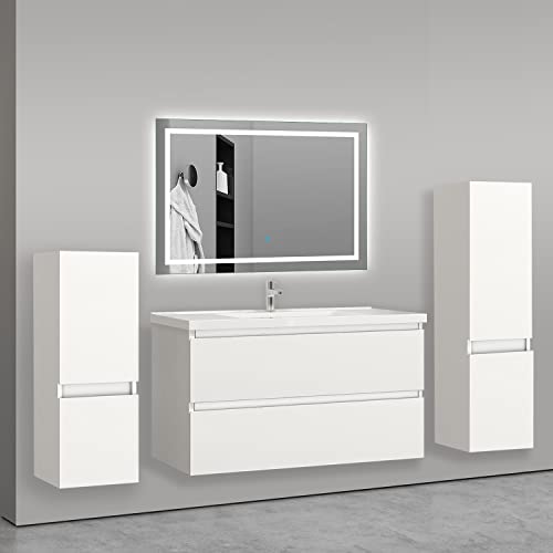AICA Ensemble Meuble Salle de Bain avec Vasque+2 Colonne et Miroir Lumineux