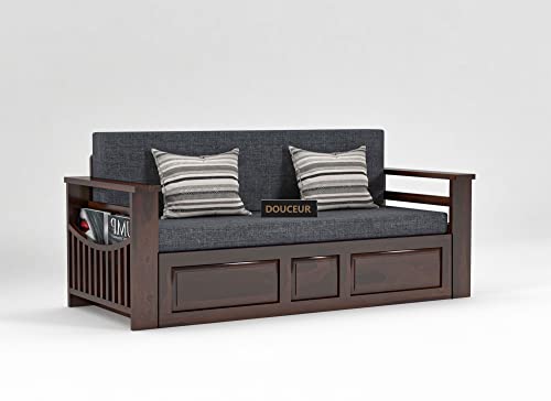 Image of Douceur Furnitures Solid Sheesham Wooden Sofa Cum Bed Queen Size with Storage for Living Room | Wooden Foldable 3 Seater Sofa Cum Bed with Headboard Folding Double Bed for Home Bedroom (Walnut)
