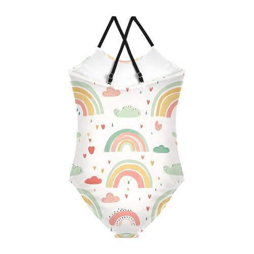 Bolaz Girls Swimsuits One-Piece Bathing Suits Multicolor Kids Sport Summer Beach Swimwear for 3-10 Years Old-White Childish Rainbow Cloud Pattern2