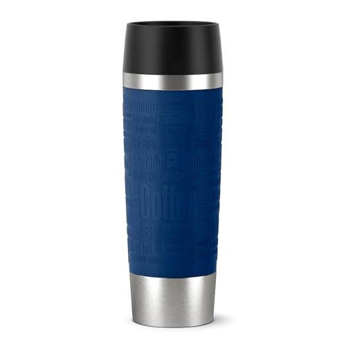 EMSA Travel Mug, Grande Thermobecher, 0,50 L Kapazität, Doppelwandige Vakuum-Isolierung, 6 Stunden Heiß, 12 Stunden Kalt, 360° Trinken, Soft-Touch Silikonhülle, Edelstahl, Blue, 515618