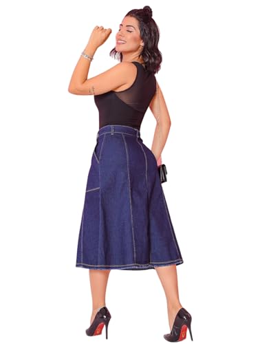 Saia Jeans Evangelica Evase Midi Elastano Botão Comportada (BR, Numérico, 44, Regular, Regular, Jean