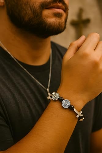 925 Sterling Silver San Benito Bracelet For Women And Men - Catholic Saint Benedict Cross Crystal Bracelet, St Benedict Bracelets Black Glass Beads Rosary Christian Religious Jewelry Best Gifts (3 - San Benito Bracelet)3
