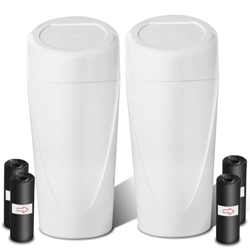 Car Trash Can with Lid-2Pack, Leakproof Garbage Can with 80 Attached Trash Bags, Mini Essential Car Accessories for Interior for Car, Home, Office（White）