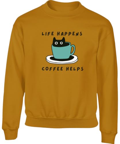 Hippowarehouse Life Happens Coffee Helps for Caffeine Cat Lovers Pet Owners kids children's unisex jumper sweatshirt pullover