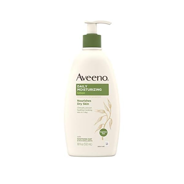 Aveeno-Daily-Moisturizing-Body-Lotion-with-Soothing-Oat-and-Rich-Emollients-to-Nourish-Dry-Skin-Gentle-Fragrance-Free-Lotion-is-Non-Greasy-Non-Comedogenic-18-Fl-Oz Aveeno Daily Moisturizer, Body Lotion, For Dry Skin, Prebiotic Oat Fragrance Free, 18 fl. oz, Pack of 1