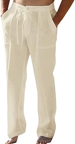 Enjoybuy Men's Linen Drawstring Beach Golf Elastic Waist Spring Long Casual Loose Summer Yoga Cotton Pants, 01-beige, Large