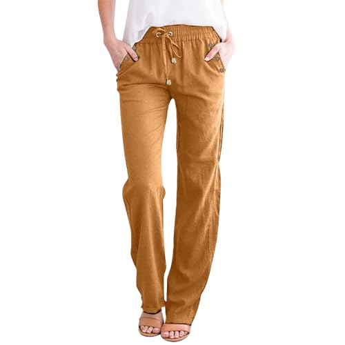 Pants for Pear Shaped Women Casual Capri Pants for Women Cotton Linen Harem Solid Simple Loose Fit High Waisted Baggy Trousers Summer Vacation Orange-E