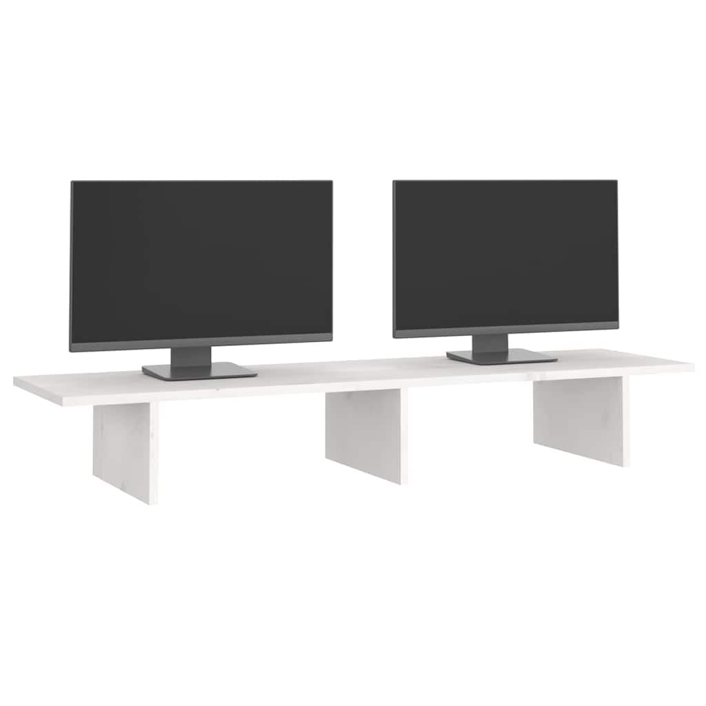 Supporto per monitor bianco in legno di pino massiccio, 100 x 27 x 15 cm, con spazio per la casa e l'ufficio, supporto da scrivania per sollevare il monitor, ripiano e gestione dei cavi
