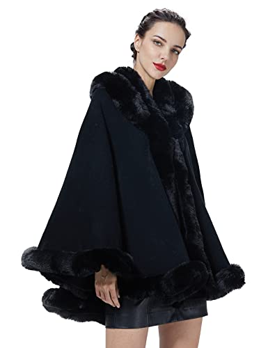 Poncho Hooded Shawl Wrap Women Cape Winter Faux Fur Trim Coat Sleeveless Cardigan Dressy Cloak for Party