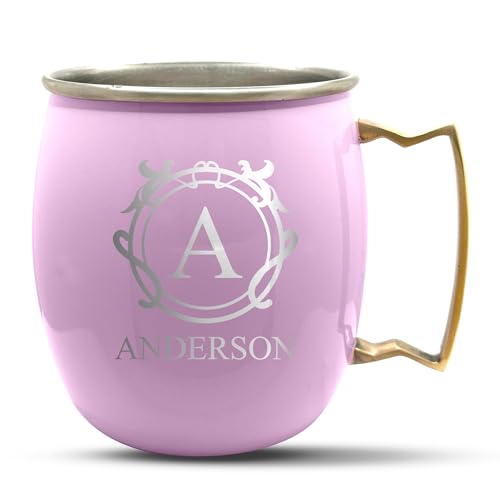 Personalized Custom Pink Mug Smooth Finish Moscow Mule with Brass Handle | Traditional Family Name Monogram Engraved Bar Style Cup, 18 oz | Single