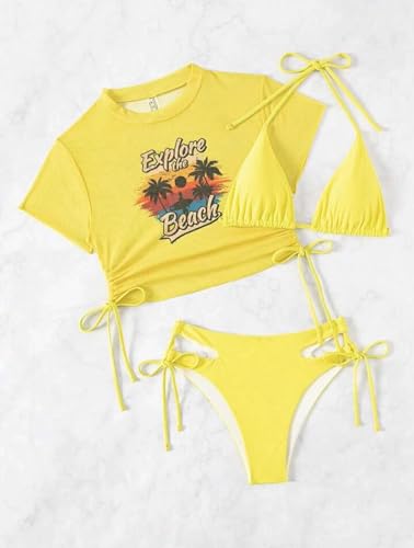 Image of Sexybody Women's 3 Piece Swimsuit Halter String Bikini Tie Side Mesh Short Sleeve Bathing Suits