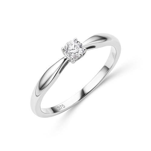 MIORE Anillo de Compromiso de Diamantes para Mujer en Oro Blanco Macizo 375 9K, con Diamante Solitario 0,15ct, Alianza de Boda Engastada con 4 Puntas Entregada Joyas con Joyero