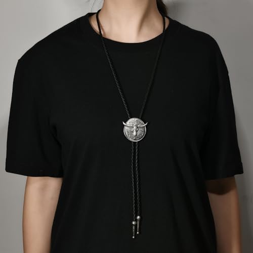 Image of Joxevyia Bolo Tie for Men Vintage Cow Skull Leather Rope Western Cowboy Necktie Vintage Bola Tie Gift for Him