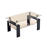 オーエスジェイ(OSJ) ガラステーブル センターテーブル 幅88cm amazonテーブル こたつテーブル 強化ガラス天板 透明 収納棚 一人暮らし 北欧風 おしゃれ コンパクト(茶色天板＆ブラック脚)