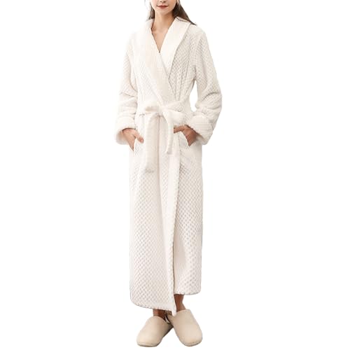 Albornoz Larga Mujer Invierno Polar Gruesa con Cuello Solapa Cinturón Bolsillos Ropa de Casa Cálida y Cómoda
