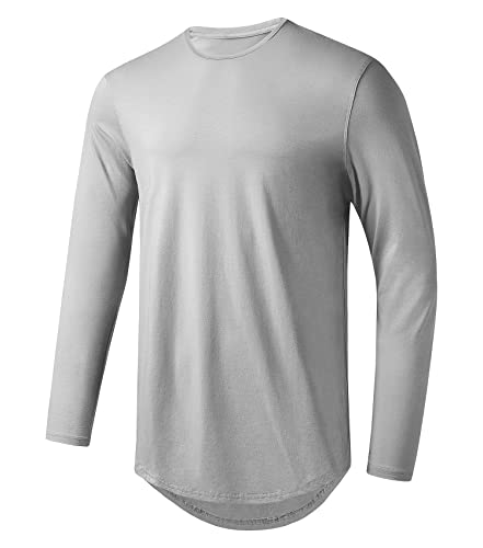 Mens Longline Gym Muscle Bodybuilding Tshirts Hipster Reflective Line Scallop Crewneck Tees Shirts Tops (M, Gray -956)