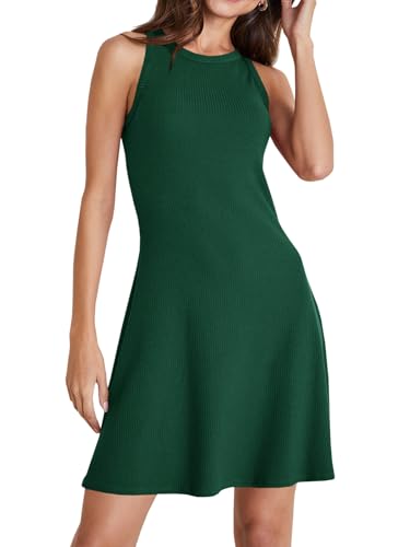 Image of Wenrine Womens Summer Casual Tank Dress Ribbed Knit Sleeveless Crewneck A Line Mini Dresses