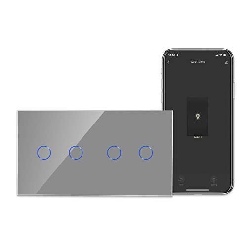 CNBINGO Interruptor de luz Doble WiFi/WLAN, funciona con Alexa/Google Home, panel de vidrio Gris, 2 sujeto más 2 compartimento, interruptor de 1 vía, 157 * 86 mm, requerido alambre neutral Cover