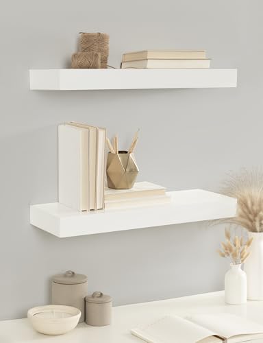 Image of Kate and Laurel Havlock Modern Natural Floating Shelves; Set of 2; 24 x 8; White; Functional Bathroom and Kitchen Shelves for Storage and Display