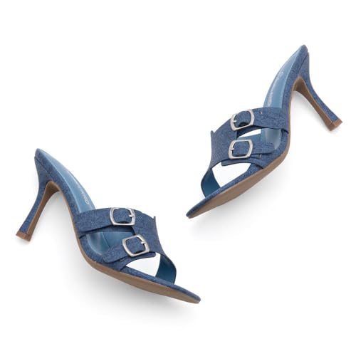 Image of Shoe Land Melrose Women's High Heels Stiletto Heeled Slides, Square Open Toe One Band Slip-On Heeled Mules - Dressy Clear Heeled Sandals for Prom Party Wedding and Vacation