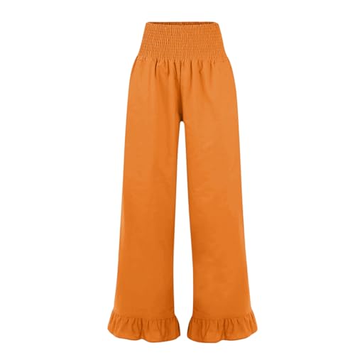 Image of Palazzo Pants for Women Linen Smocked Elastic Waist Ruffle Wide Leg Pants Summer Beach Flowy Boho Pant with Pockets