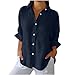 Women Summer Classic Tops Button Down V Neck 3/4 Sleeve Blouse Solid Casual Cotton Linen Fashion Shirts Linen Tunics for Women 2025 Navy 4X