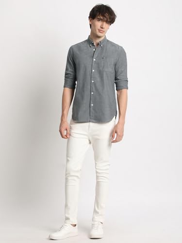 Image of THE BEAR HOUSE Men's Grey Solid Slim Fit Cotton Casual Shirt