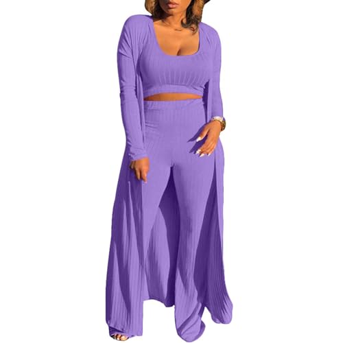 Image of Women's 2 Piece Outfits Set Ribbed Short Sleeve Casual Crop Top Wide Leg Pants Suit Set