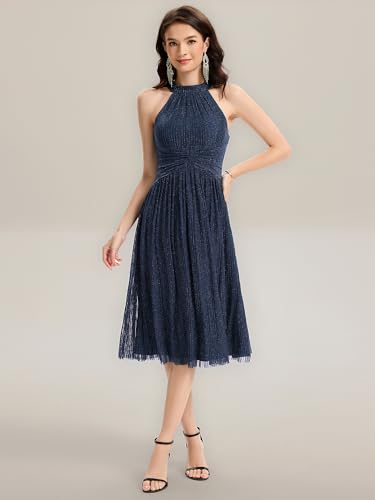 Ever-Pretty Women's Summer Halter Sleeveless Pletaed Midi Glitter Formal Evening Gowns 419624