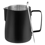 Amrules Milk Frothing Pitcher, 12oz Milk Frother Cup with Clear Scale, 304 Stainless Steel Cappuccino Espresso Machine Accessories for Barista Coffee Bar with Latte Art Pen, Black