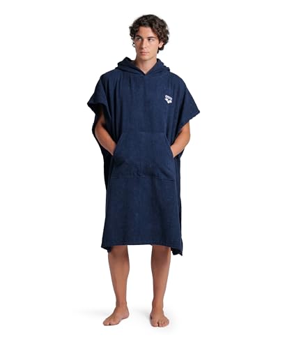 ARENA Unisex Cotton Poncho Soft Hooded Towel with Front Pocket Easy Changing Post Swim Warmth and Comfort for Beach Pool or Surf, Navy/White, Large/X-Large2