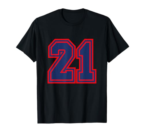 Número 21 Deporte Azul Rojo Número universitario Camiseta