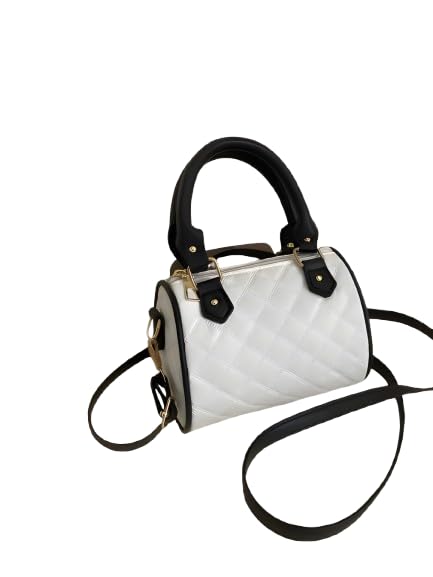 Quilted Mini Barrel Handbag with Shoulder Strap, PU Leather, Available in Black, Brown, White-image-21