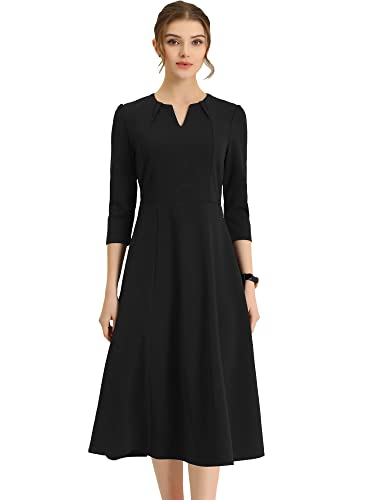 Allegra K Women's 3/4 Sleeve Dresses V Neck Elegant A-Line Work Business Formal Midi Dress with Pockets