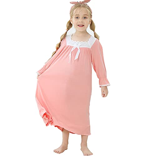 Flwydran Chemise de Nuit Pyjama pour Fille 3-13ans Robe de Nuit à Manches Longues en Dentelle en Coton pour Enfant (3-4 Ans, Rose)