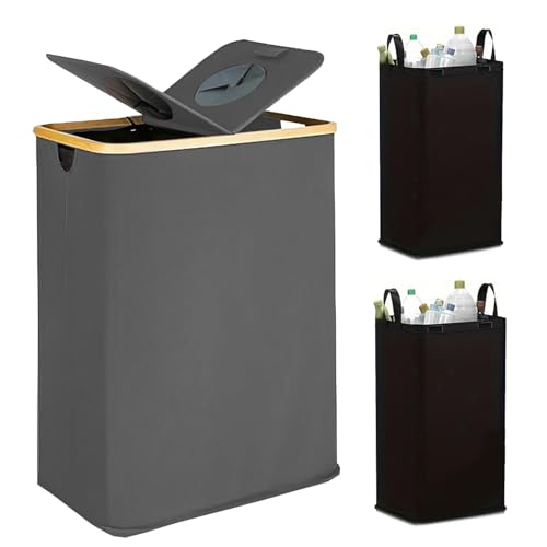 Bacs de recyclage vides pour cuisine, 140 L, pour intérieur et maison avec couvercle et 2 sacs intérieurs amovibles réutilisables pour bouteilles, canettes et plastiques (gris)